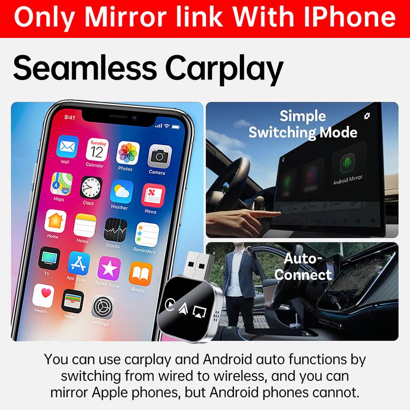 2026 Upgrade 3 in 1 Wireless Carplay Mirror Link Adapter Instant Wired to Wireless Conversion Plug & PlayMini Stable Design for Wired Carplay
