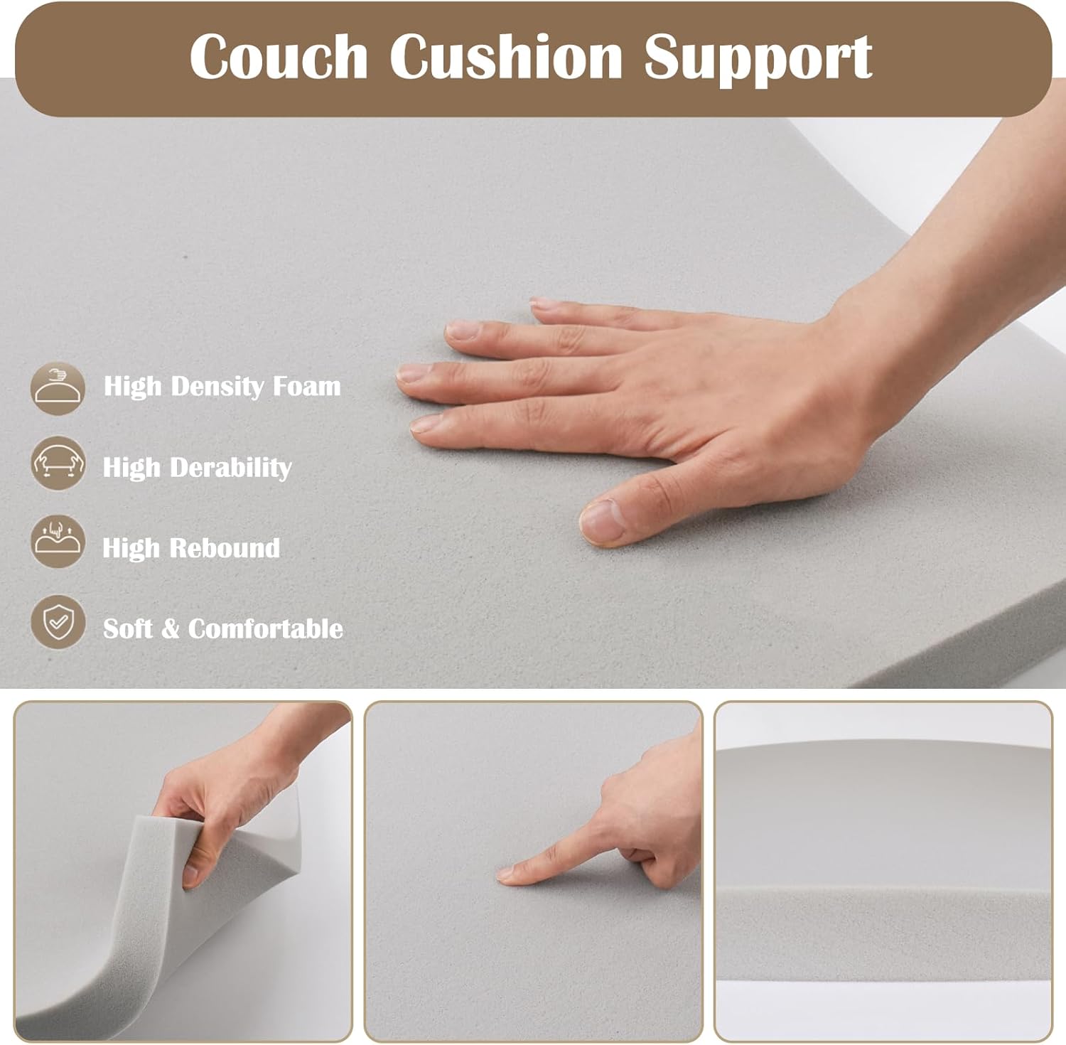 40D High Density Memory Sponge Sofa Cushion Support - 20x20x2 inch Gray Lifters for Sagging Couches, All Seasons, 1/2/3 Pack
