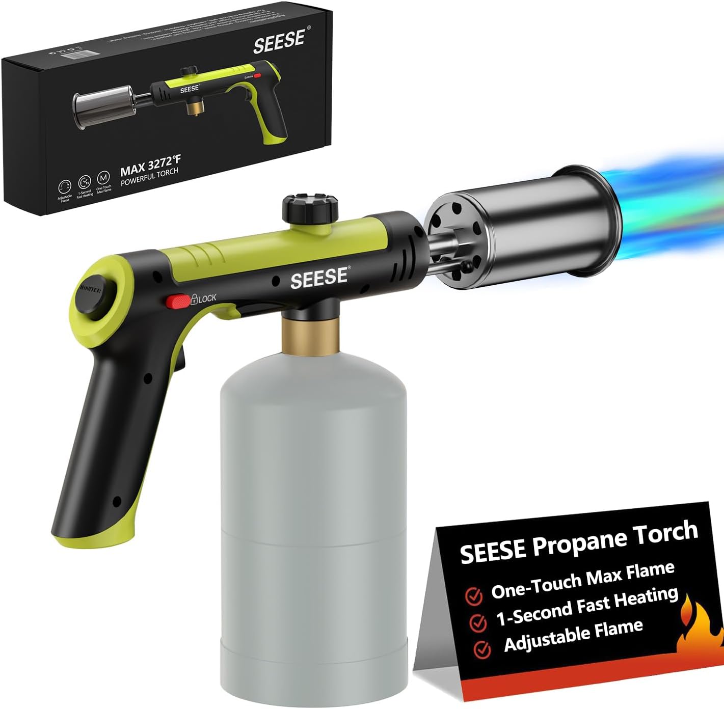 SEESE Powerful Propane Torch,With One-Touch Max Fire Button and Safety Lock, Adjustable Blow Torch for Sous Vide Searing Steak, BBQ, Cooking,Grill, Campfire, Fireplace,Charcoal Wood