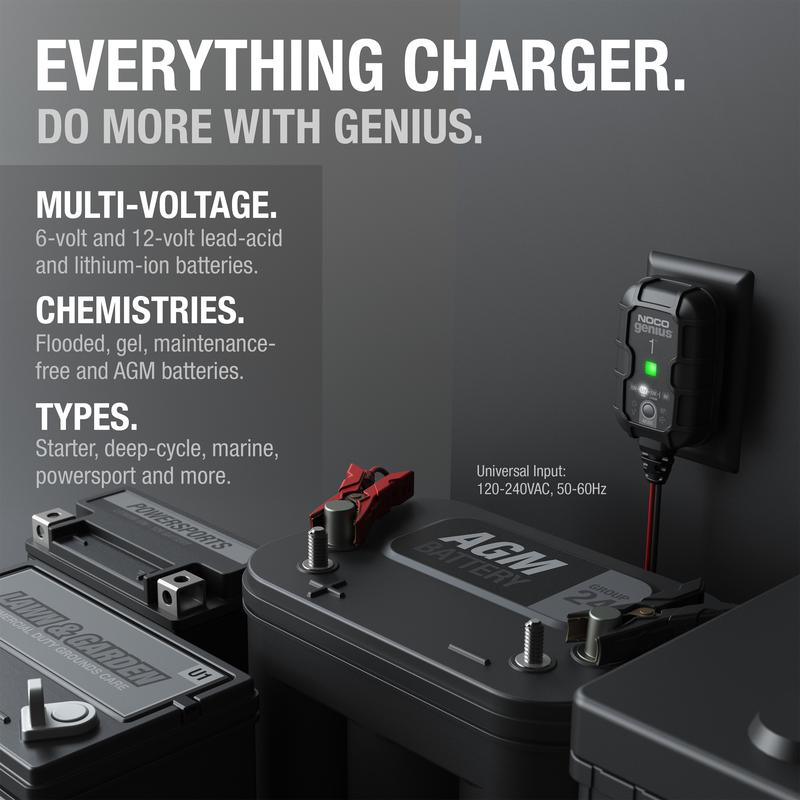 NOCO GENIUS1 1A Smart Battery Charger, 6V and 12V, Battery Maintainer, Trickle Charger and Desulfator