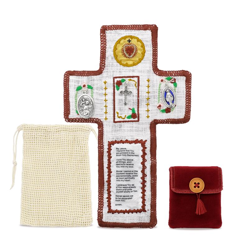 Handmade Catholic Prayer Pocket – Sacred Heart & Virgin Mary Crucifix with Prayer Card | Vintage Fabric Travel Blessing Bag for Home Altar, Hospital Visits, Gift for Mom & Grandma | Religious Comfort, Healing Faith, Spiritual Communion | Drawstring S