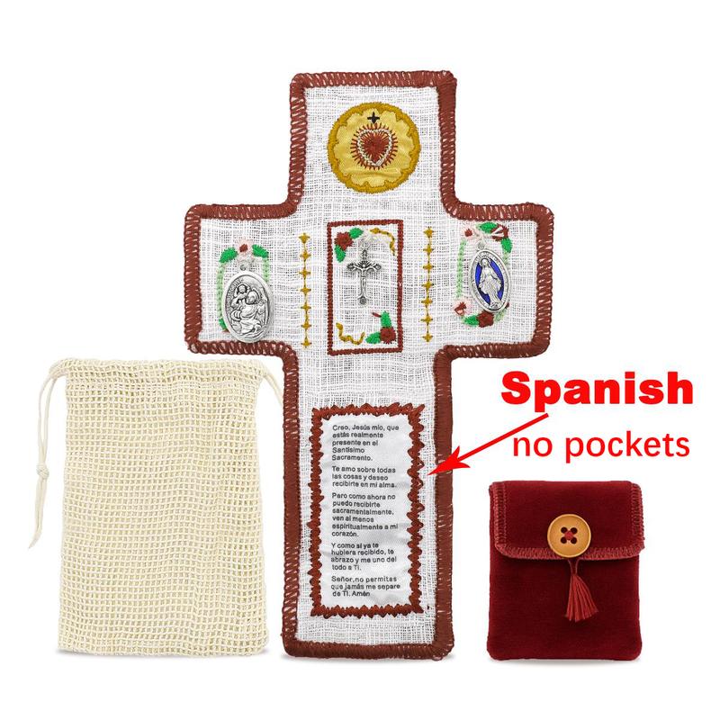 Handmade Catholic Prayer Pocket – Sacred Heart & Virgin Mary Crucifix with Prayer Card | Vintage Fabric Travel Blessing Bag for Home Altar, Hospital Visits, Gift for Mom & Grandma | Religious Comfort, Healing Faith, Spiritual Communion | Drawstring S