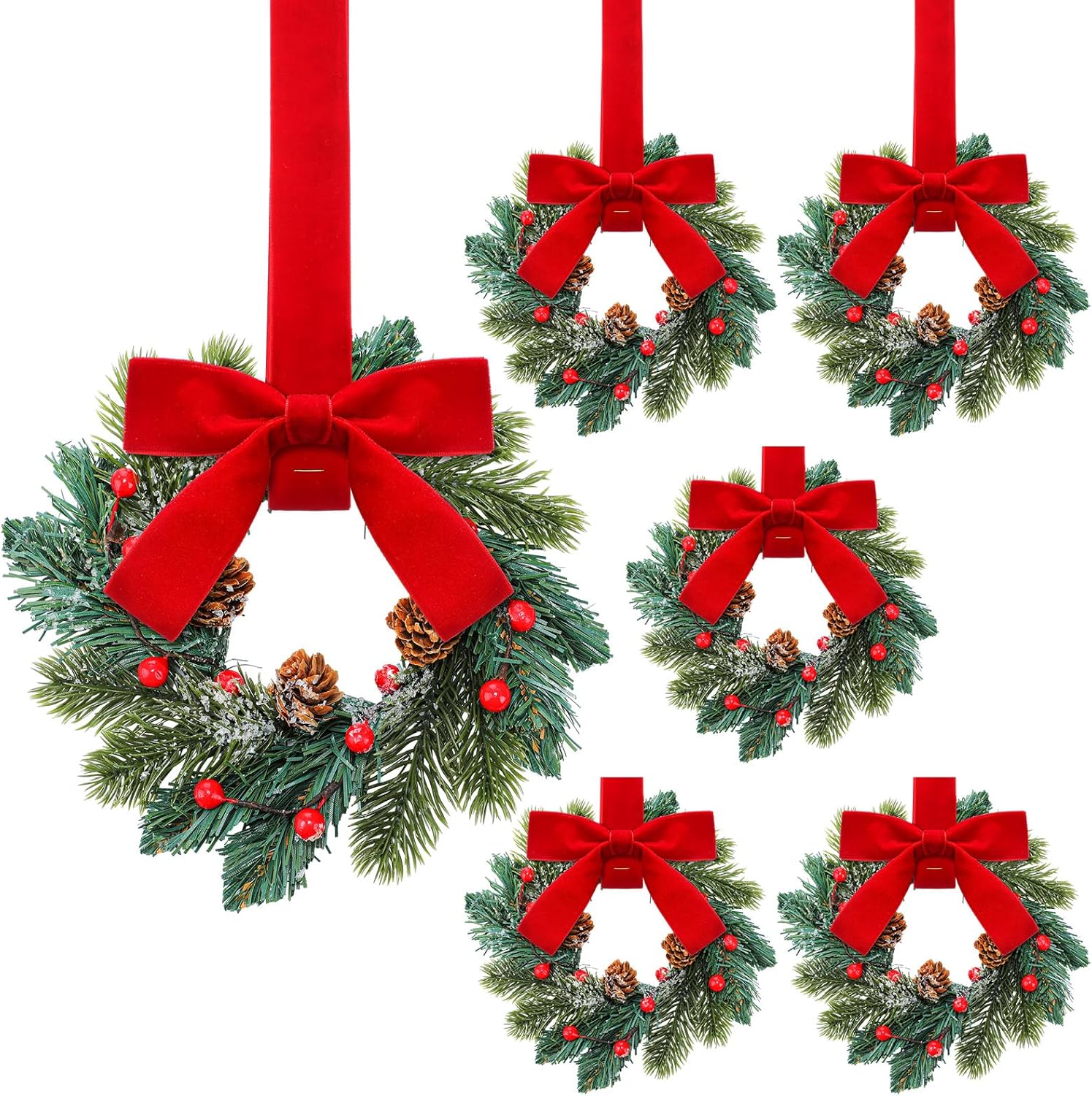 3-Pack Christmas Mini Window Wreaths with Ribbon Bows & Red Berries - Small Cabinet Hangers, Farmhouse Style Kitchen Door Decor for Christmas Party Arrangements