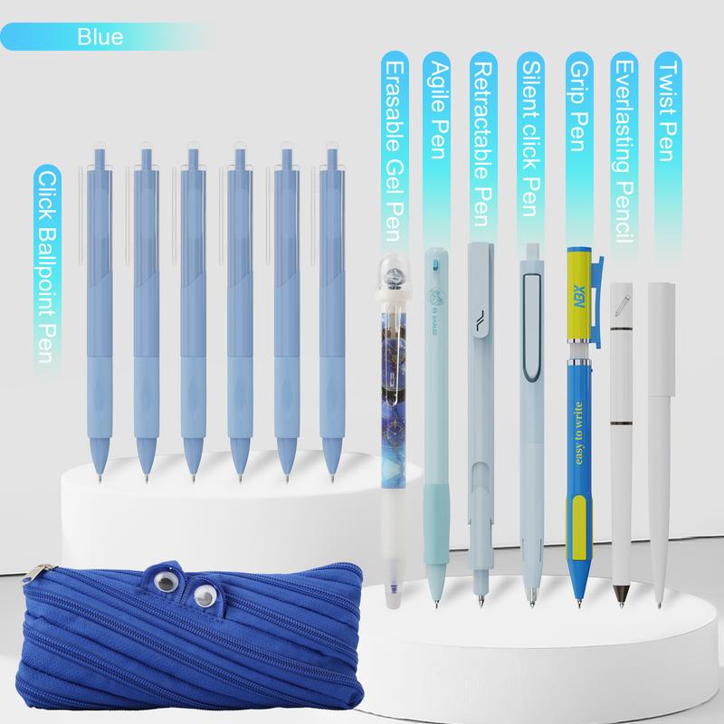 Rarler 13 PCS Smart Pen School Supplies with Moster Pencil Case, 1 Twist Pen, 1 Everlasting Pencil, 1 Grip Pen, 1 Silent click Pen, 1 Retractable Pen, 1 Agile Pen, 1 Erasable Gel Pen, 6 Click Ballpoint Pens 0.5mm Student Essentials infinity pen