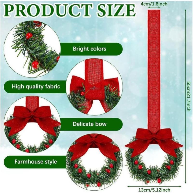 3-Pack Christmas Mini Window Wreaths with Ribbon Bows & Red Berries - Small Cabinet Hangers, Farmhouse Style Kitchen Door Decor for Christmas Party Arrangements