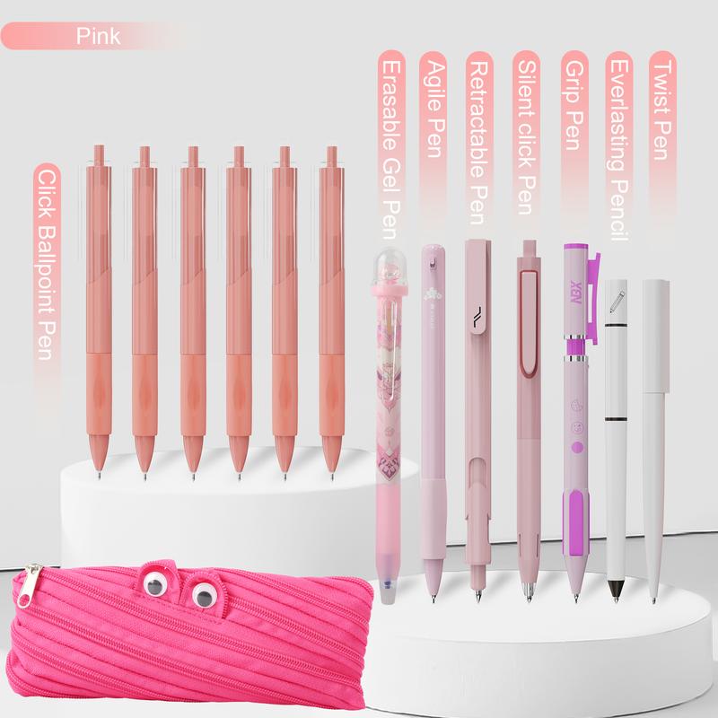 Rarler 13 PCS Smart Pen School Supplies with Moster Pencil Case, 1 Twist Pen, 1 Everlasting Pencil, 1 Grip Pen, 1 Silent click Pen, 1 Retractable Pen, 1 Agile Pen, 1 Erasable Gel Pen, 6 Click Ballpoint Pens 0.5mm Student Essentials infinity pen