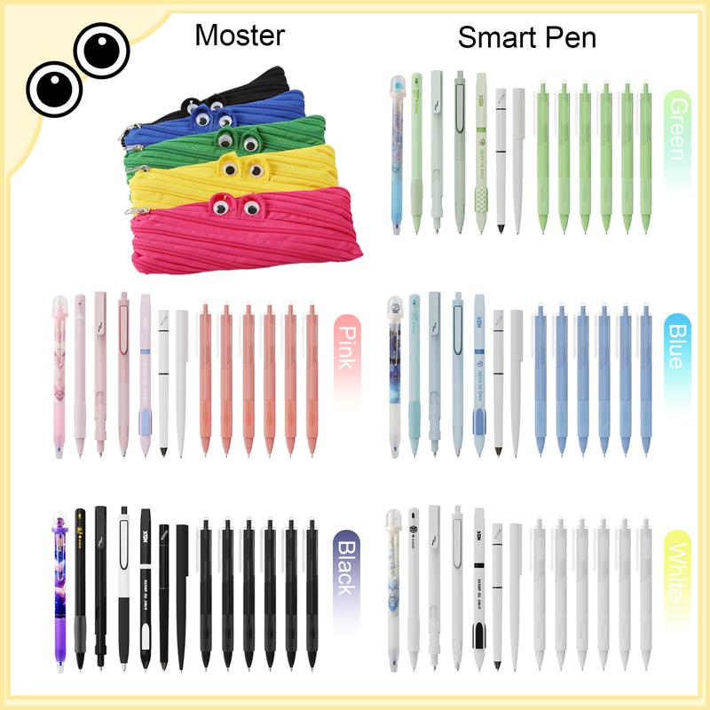 Rarler 13 PCS Smart Pen School Supplies with Moster Pencil Case, 1 Twist Pen, 1 Everlasting Pencil, 1 Grip Pen, 1 Silent click Pen, 1 Retractable Pen, 1 Agile Pen, 1 Erasable Gel Pen, 6 Click Ballpoint Pens 0.5mm Student Essentials infinity pen