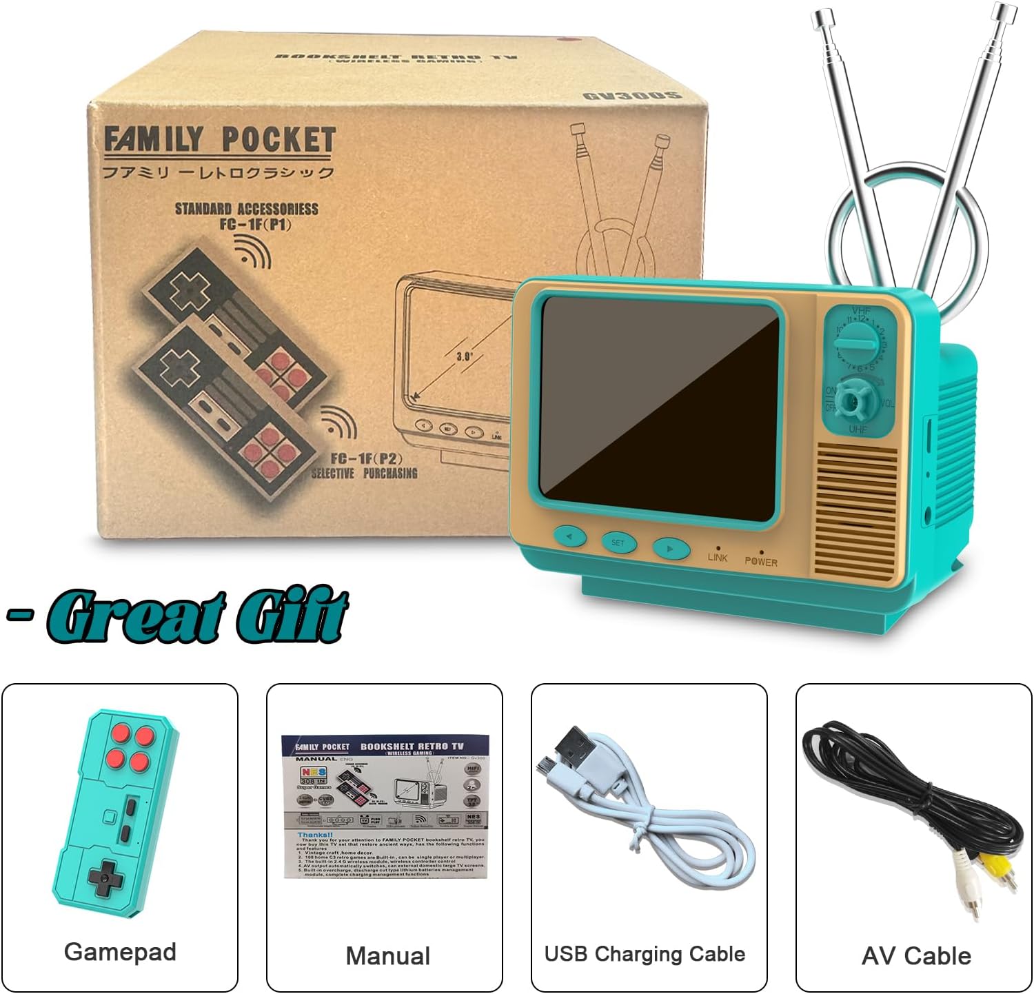EASEGMER Handheld Games - GV300S 168 Classic Retro Video Game with 3.0 Inch Screen Electronic Mini TV Style Support Connecting TV and Two Players