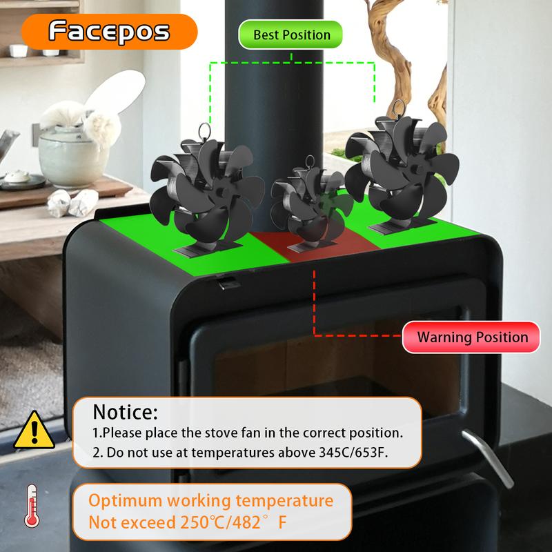 Facepos 2025 Dual-Sided 12-Blade Heat Powered Wood Stove Fan – Upgraded Fireplace Fan for Buddy Heater and Airflow Circulation