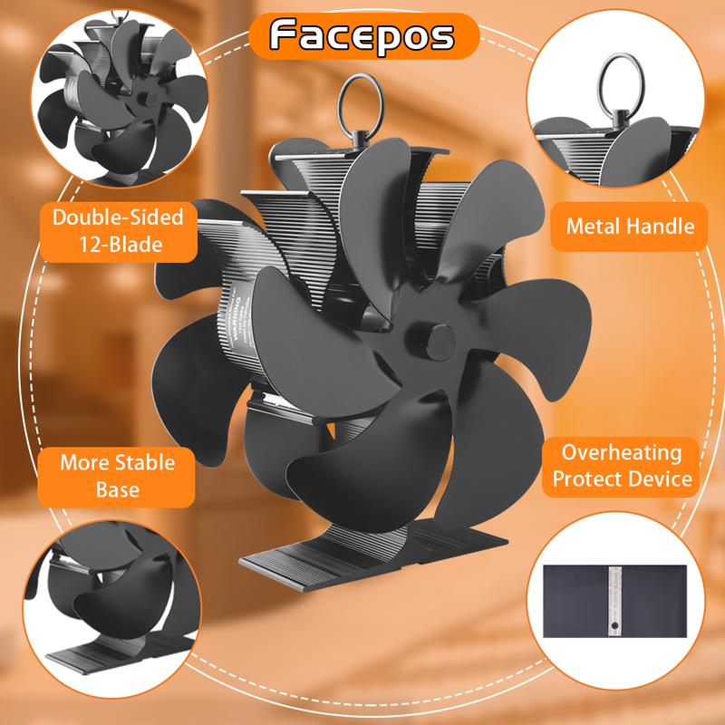 Facepos 2025 Dual-Sided 12-Blade Heat Powered Wood Stove Fan – Upgraded Fireplace Fan for Buddy Heater and Airflow Circulation