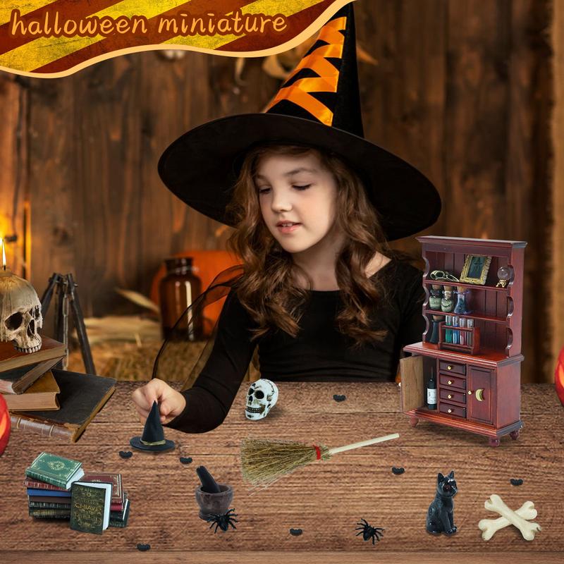 Dollhouse Miniatures 1/12 Scale Accessories, Wooden Bookshelf Furniture Set - Magic Bottle&Potion, Witch Frame and Hat, Mini Bookcase,