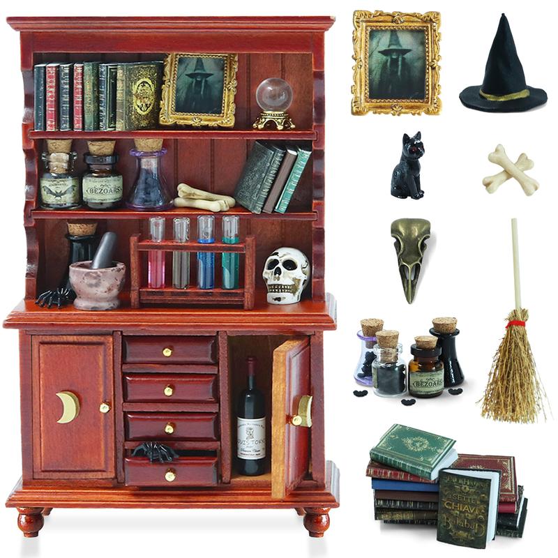Dollhouse Miniatures 1/12 Scale Accessories, Wooden Bookshelf Furniture Set - Magic Bottle&Potion, Witch Frame and Hat, Mini Bookcase,