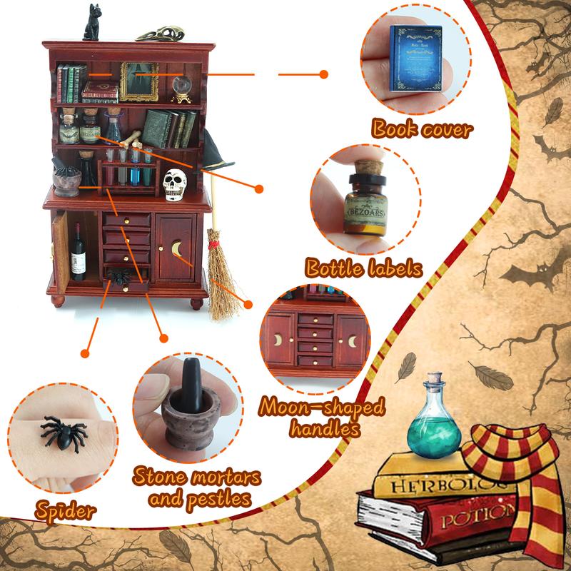 Dollhouse Miniatures 1/12 Scale Accessories, Wooden Bookshelf Furniture Set - Magic Bottle&Potion, Witch Frame and Hat, Mini Bookcase,
