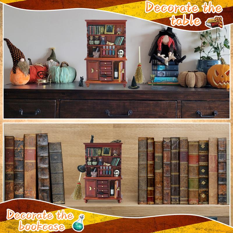Dollhouse Miniatures 1/12 Scale Accessories, Wooden Bookshelf Furniture Set - Magic Bottle&Potion, Witch Frame and Hat, Mini Bookcase,