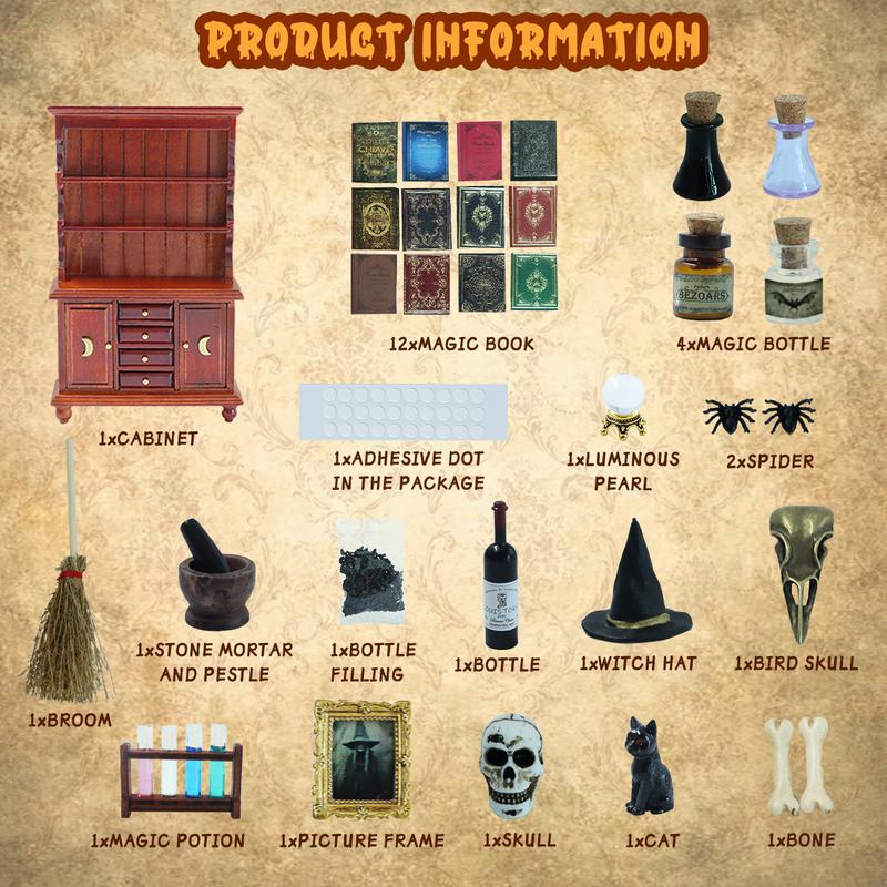 Dollhouse Miniatures 1/12 Scale Accessories, Wooden Bookshelf Furniture Set - Magic Bottle&Potion, Witch Frame and Hat, Mini Bookcase,