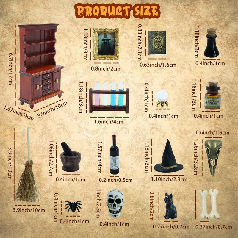 Dollhouse Miniatures 1/12 Scale Accessories, Wooden Bookshelf Furniture Set - Magic Bottle&Potion, Witch Frame and Hat, Mini Bookcase,