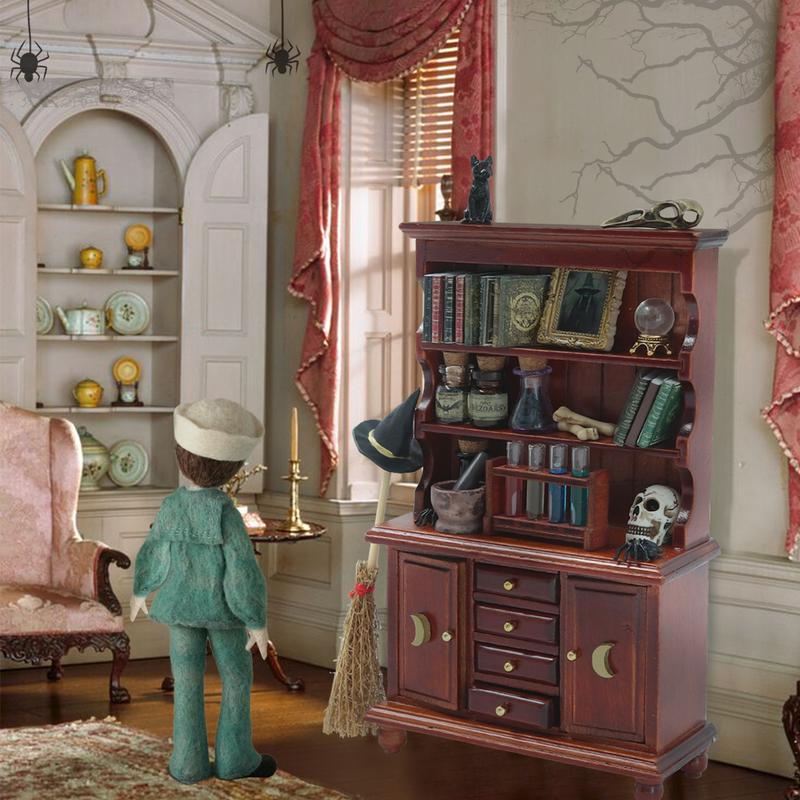 Dollhouse Miniatures 1/12 Scale Accessories, Wooden Bookshelf Furniture Set - Magic Bottle&Potion, Witch Frame and Hat, Mini Bookcase,