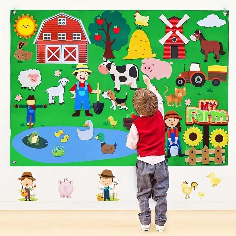 Farm House & Animal Pattern Felt Board, 1 Set Early Education Interactive Felt Board, Preschool Learning Toy for Kids
