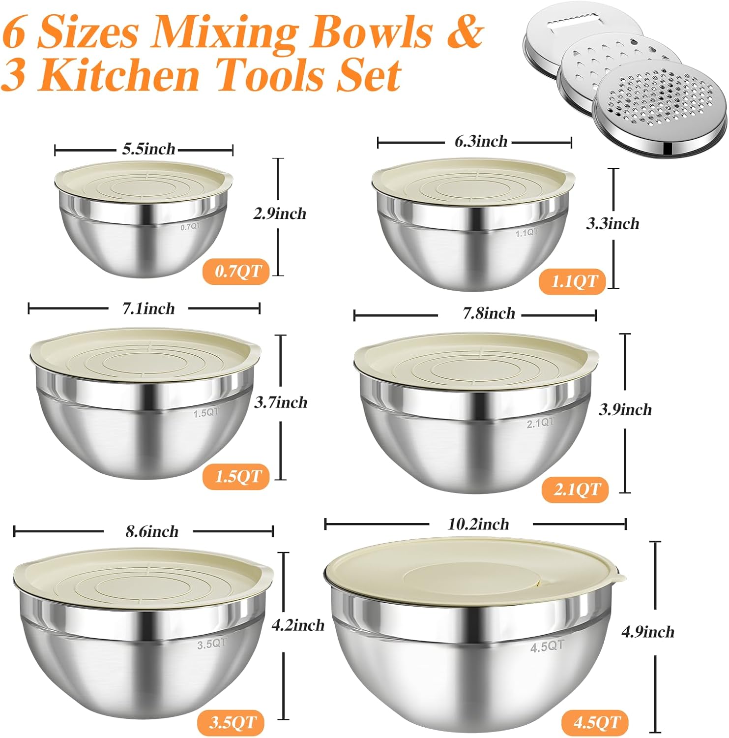 Mixing Bowls with Lids Set, 6 PCS Stainless Steel Mixing Bowls with 3 Grater Attachments, Kitchen Food Storage Organizers Nesting Mixing Bowl, Large Size 4.5, 3.5, 2.1, 1.5, 1.1, 0.7QT