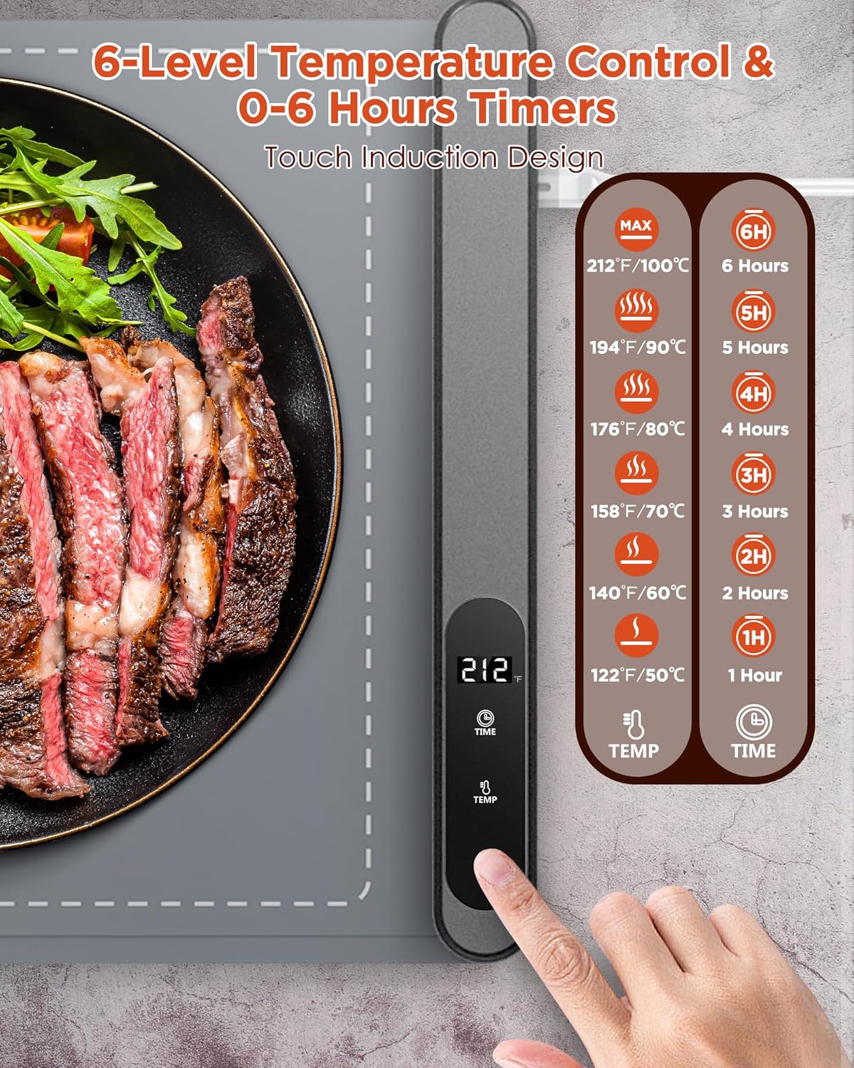 FEPPO Food Warming Mat, Upgrade High-tech Graphene Heating Film, Fast Full Surface Electric Warming Tray with 6 Level Adjustable Temperature and 6 Hours Timer