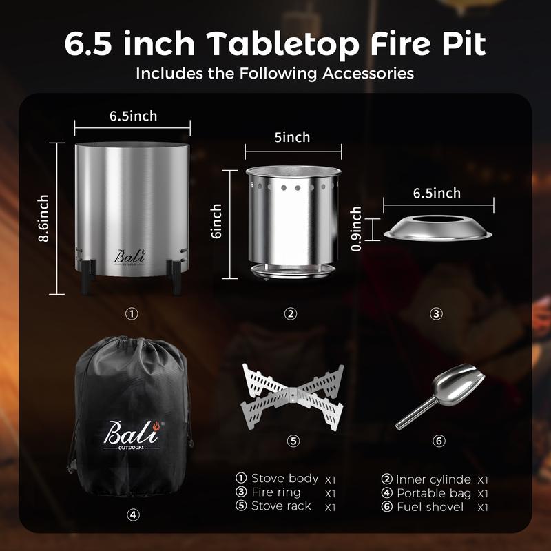 BALI OUTDOORS Smokeless Fire Pit, 6.5-Inch Turbo Flame Tabletop Fire Pit, Stainless Steel, Adjustable Flame, with Stand and Stove Rack, Carry Bag