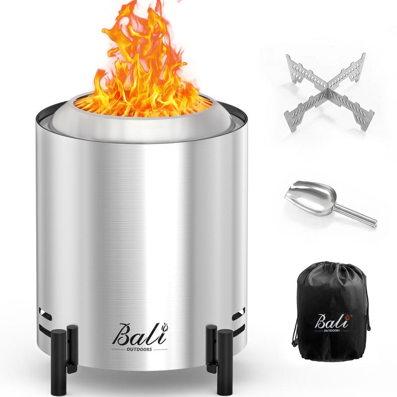 BALI OUTDOORS Smokeless Fire Pit, 6.5-Inch Turbo Flame Tabletop Fire Pit, Stainless Steel, Adjustable Flame, with Stand and Stove Rack, Carry Bag