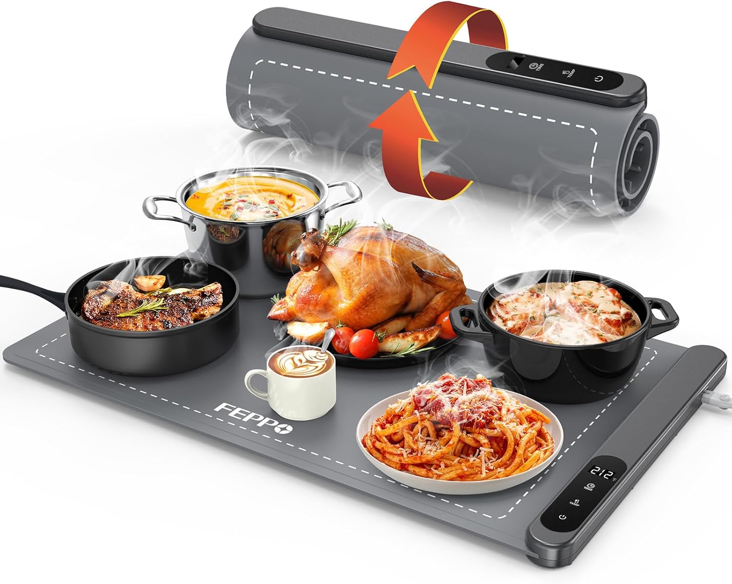 FEPPO Food Warming Mat, Upgrade High-tech Graphene Heating Film, Fast Full Surface Electric Warming Tray with 6 Level Adjustable Temperature and 6 Hours Timer