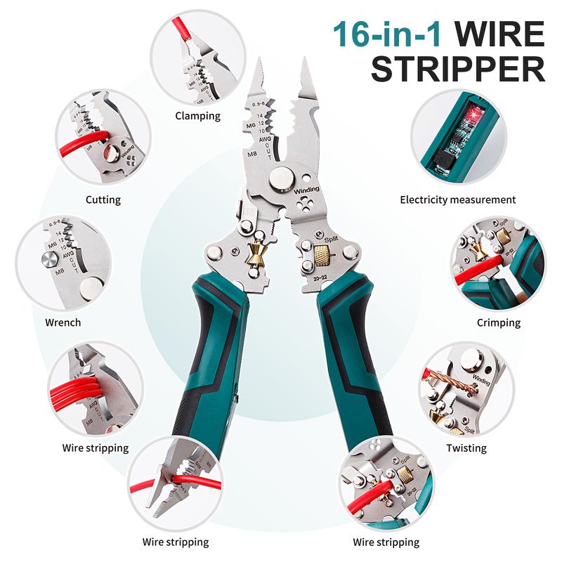 16 in 1 Wire Stripper Twister for Cutting and Pulling Wires,Cable Scissors,Voltage Tester Pliers, 12V to 250V Live,Null,Hot Wire Judgment AC DC, Audible and Flashing LED Alarms