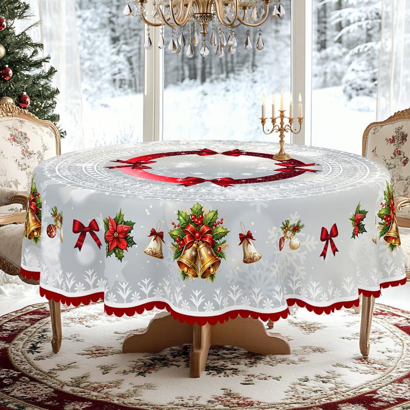 QUNTUE Christmas Tablecloth with Jingle Bell One Red Pattern, Holiday Party Decoration 2025 Garden Birthday Kitchen Colorful Decor, Round or Rectangular Options Available Gift for friend