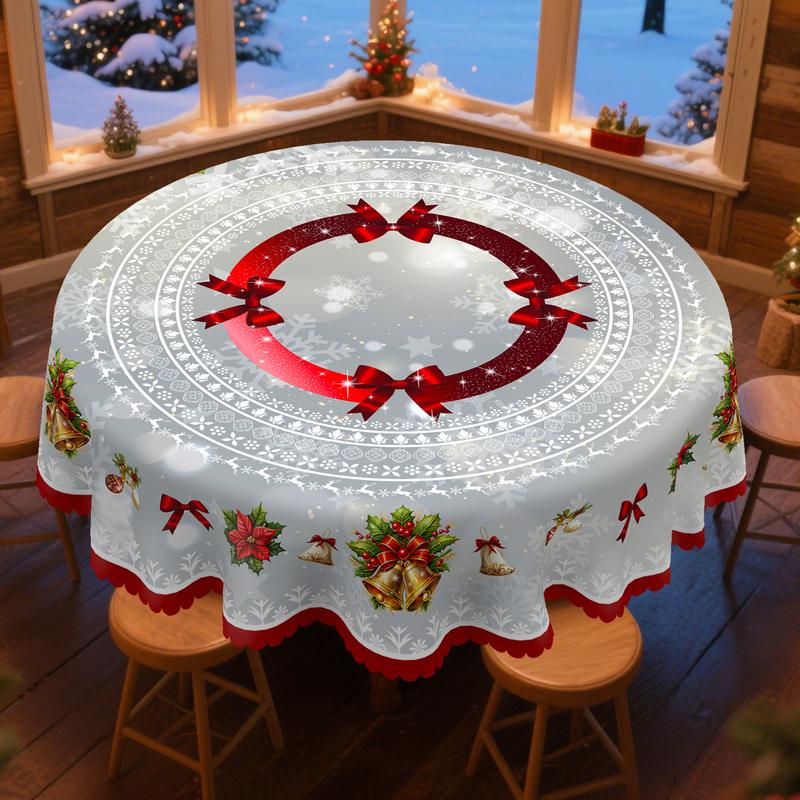 QUNTUE Christmas Tablecloth with Jingle Bell One Red Pattern, Holiday Party Decoration 2025 Garden Birthday Kitchen Colorful Decor, Round or Rectangular Options Available Gift for friend