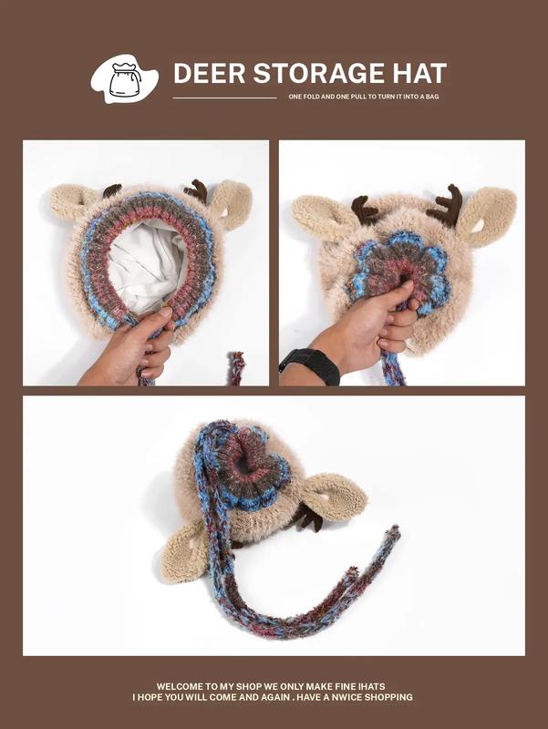 Original design Festive Christmas Antler Hat (It can be used as a handbag，A hat has multiple uses.)Knitted Ear Protection Windproof Warm Hat Suitable for the family It can be worn by adults and children, without limiting the circumference of the head