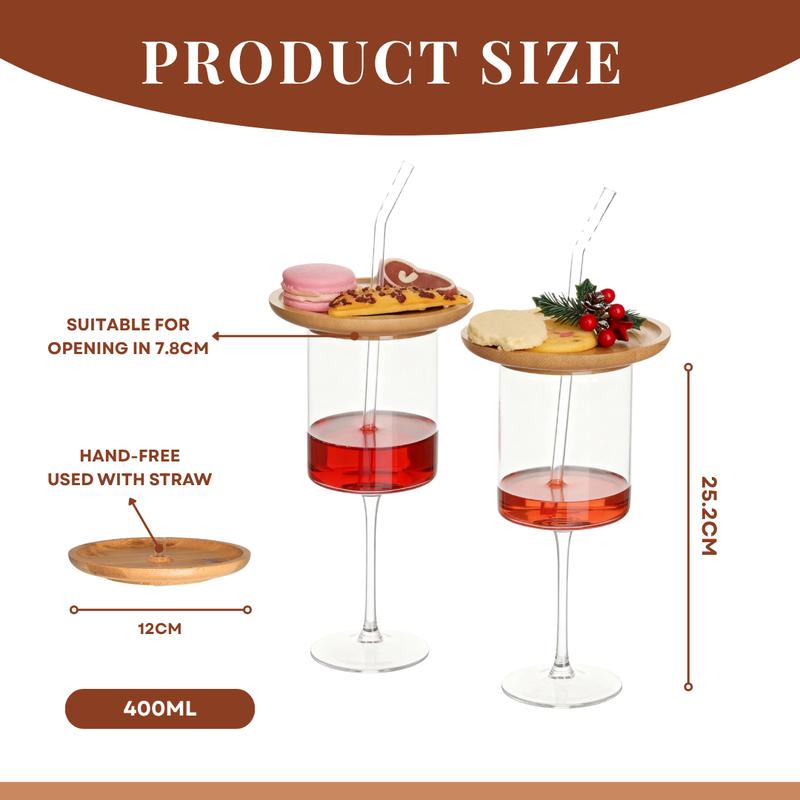 Wine Glass with Charcuterie Topper and Straw, Glass with Charcuterie Boards, Wine Appetizer Plates for Family Gatherings,