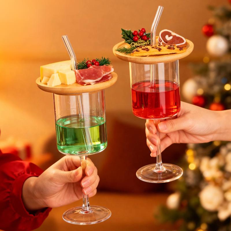 Wine Glass with Charcuterie Topper and Straw, Glass with Charcuterie Boards, Wine Appetizer Plates for Family Gatherings,