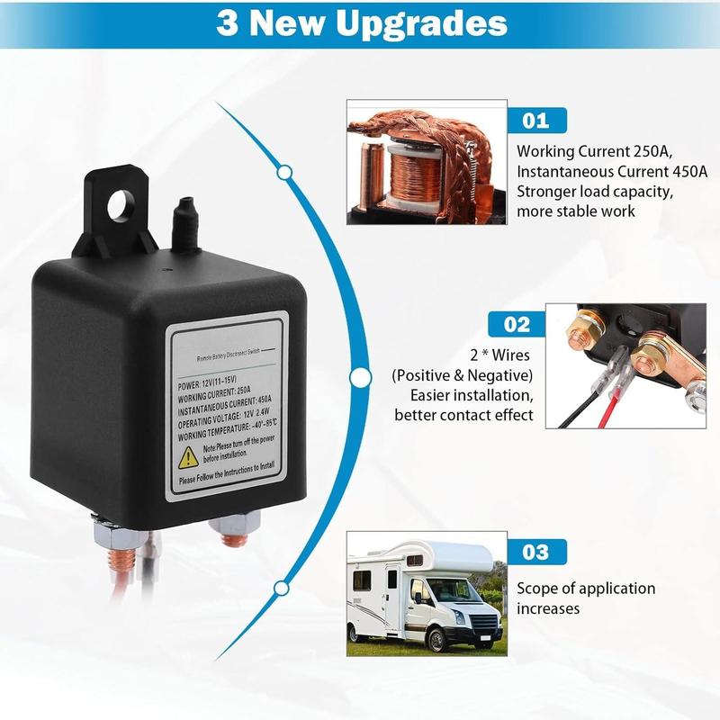 Remote Battery Disconnect Switch Power Kill Cut-Off Relay DC12V 200A for Car RV ATV Boat Truck Anti-Theft Vehicle Engine Isolator Easy Install,