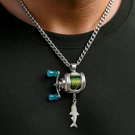 Mini Fishing Reel Necklace, Rotating Fishing Reel Pendant Keychain & Backpack Charm Gift for Fishermen Angler Jewelry