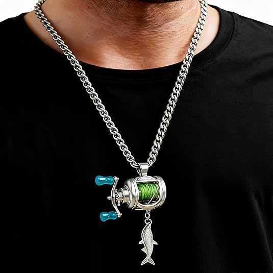Mini Fishing Reel Necklace, Rotating Fishing Reel Pendant Keychain & Backpack Charm Gift for Fishermen Angler Jewelry