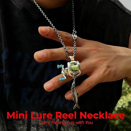 Mini Fishing Reel Necklace, Rotating Fishing Reel Pendant Keychain & Backpack Charm Gift for Fishermen Angler Jewelry