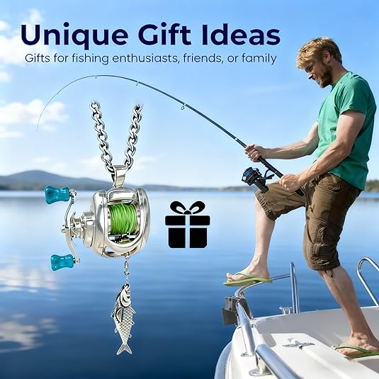 Mini Fishing Reel Necklace, Rotating Fishing Reel Pendant Keychain & Backpack Charm Gift for Fishermen Angler Jewelry