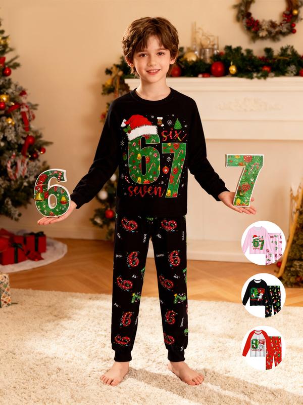 Christmas #67 Kids Pajama Set, Six Seven Christmas Hat Theme Fashion Print,