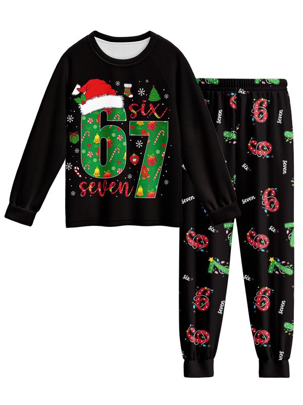 Christmas #67 Kids Pajama Set, Six Seven Christmas Hat Theme Fashion Print,