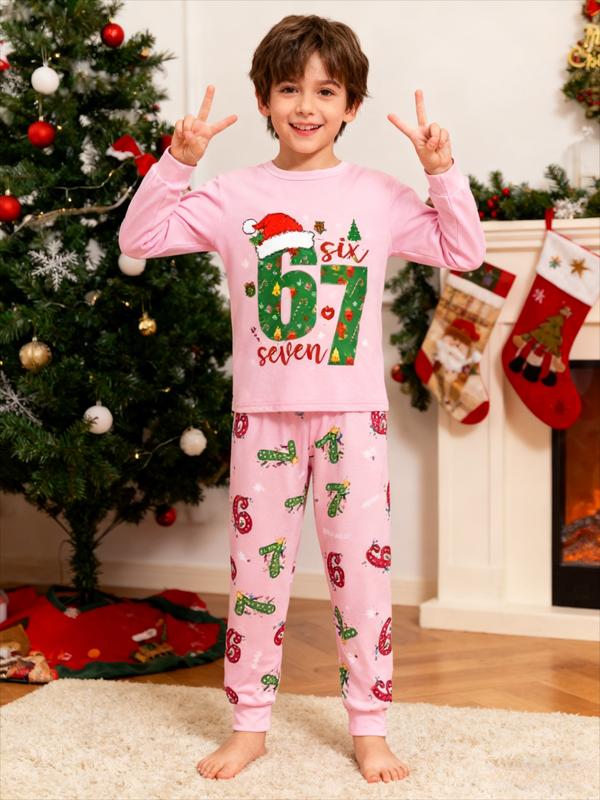 Christmas #67 Kids Pajama Set, Six Seven Christmas Hat Theme Fashion Print,