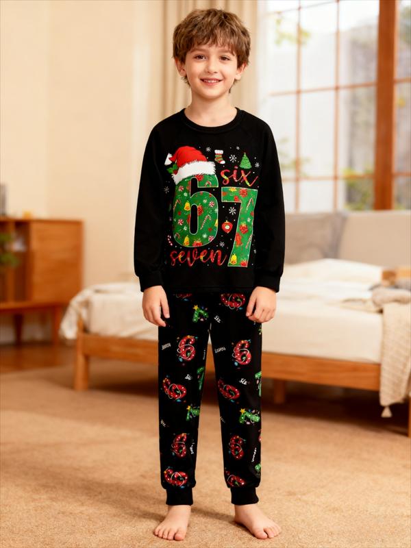 Christmas #67 Kids Pajama Set, Six Seven Christmas Hat Theme Fashion Print,