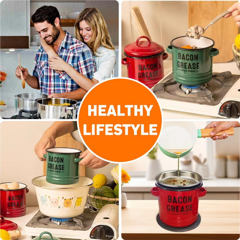 Bacon Grease Container with Strainer & Food-Grade Silicone Spatula,