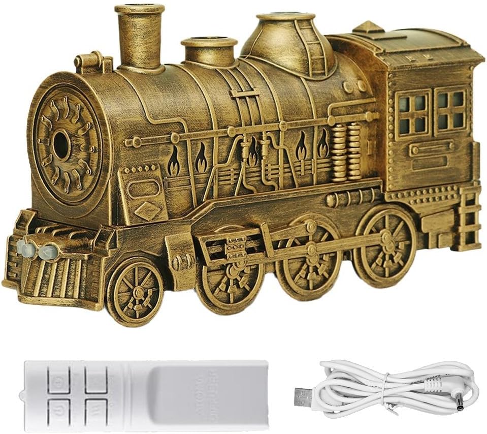 300ML Vintage Steam Train Aromatherapy Essential Oil Diffuser Humidifier with 2-Color LED Light, 2 Mist Modes, Auto Shut-Off,