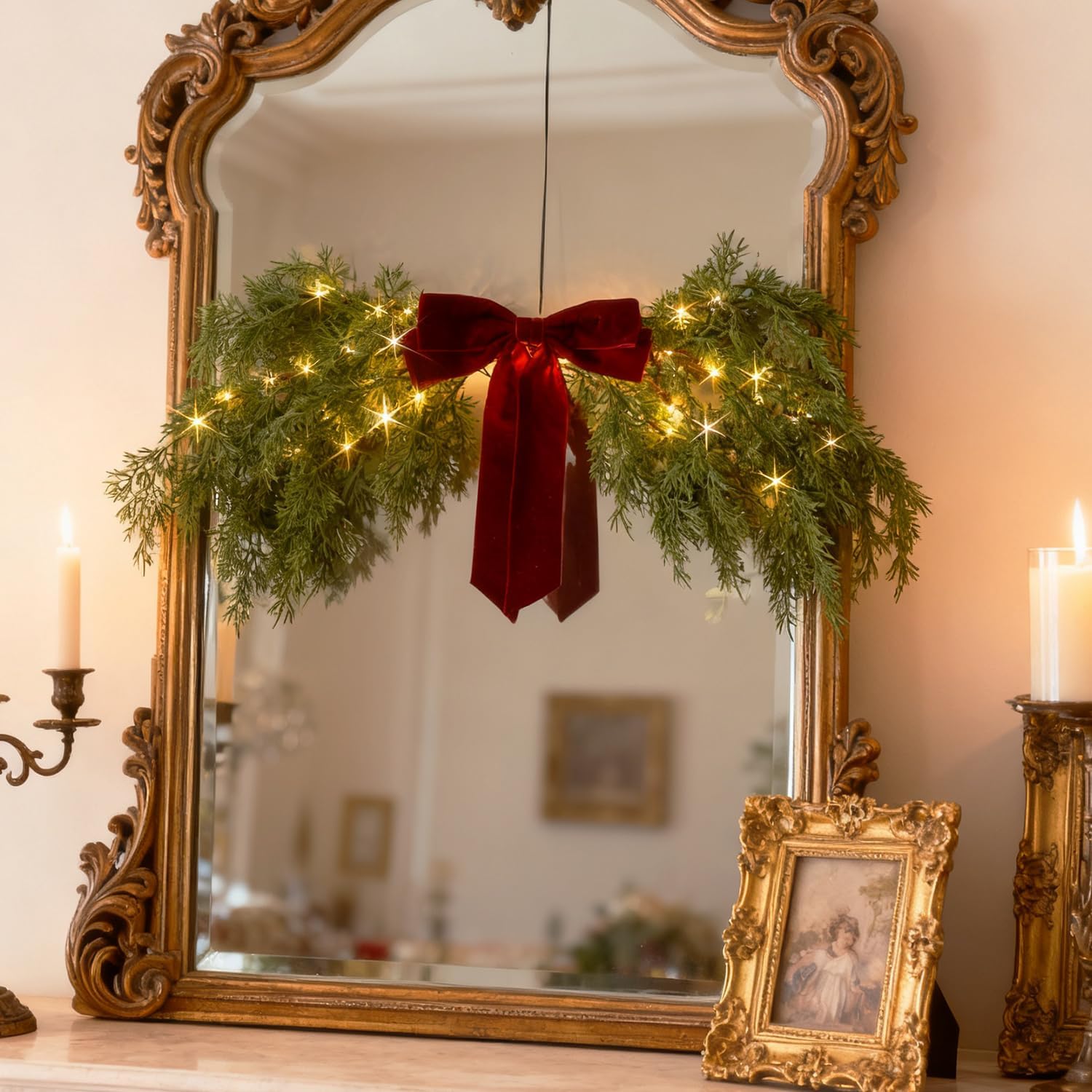 LITBLOOM Lighted Christmas Swag Battery Operated with Timer, Cedar Pine Swag Lights 32IN 60 LED Fairy Lights with Red Bow for Home Fireplace Wall Window Door Christmas Decoration Indoor Outdoor