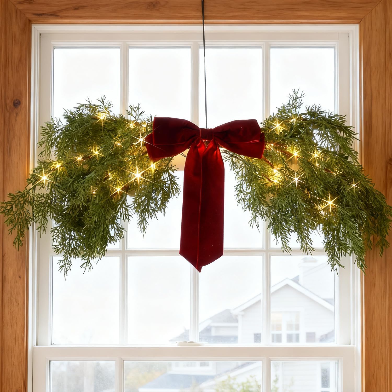 LITBLOOM Lighted Christmas Swag Battery Operated with Timer, Cedar Pine Swag Lights 32IN 60 LED Fairy Lights with Red Bow for Home Fireplace Wall Window Door Christmas Decoration Indoor Outdoor