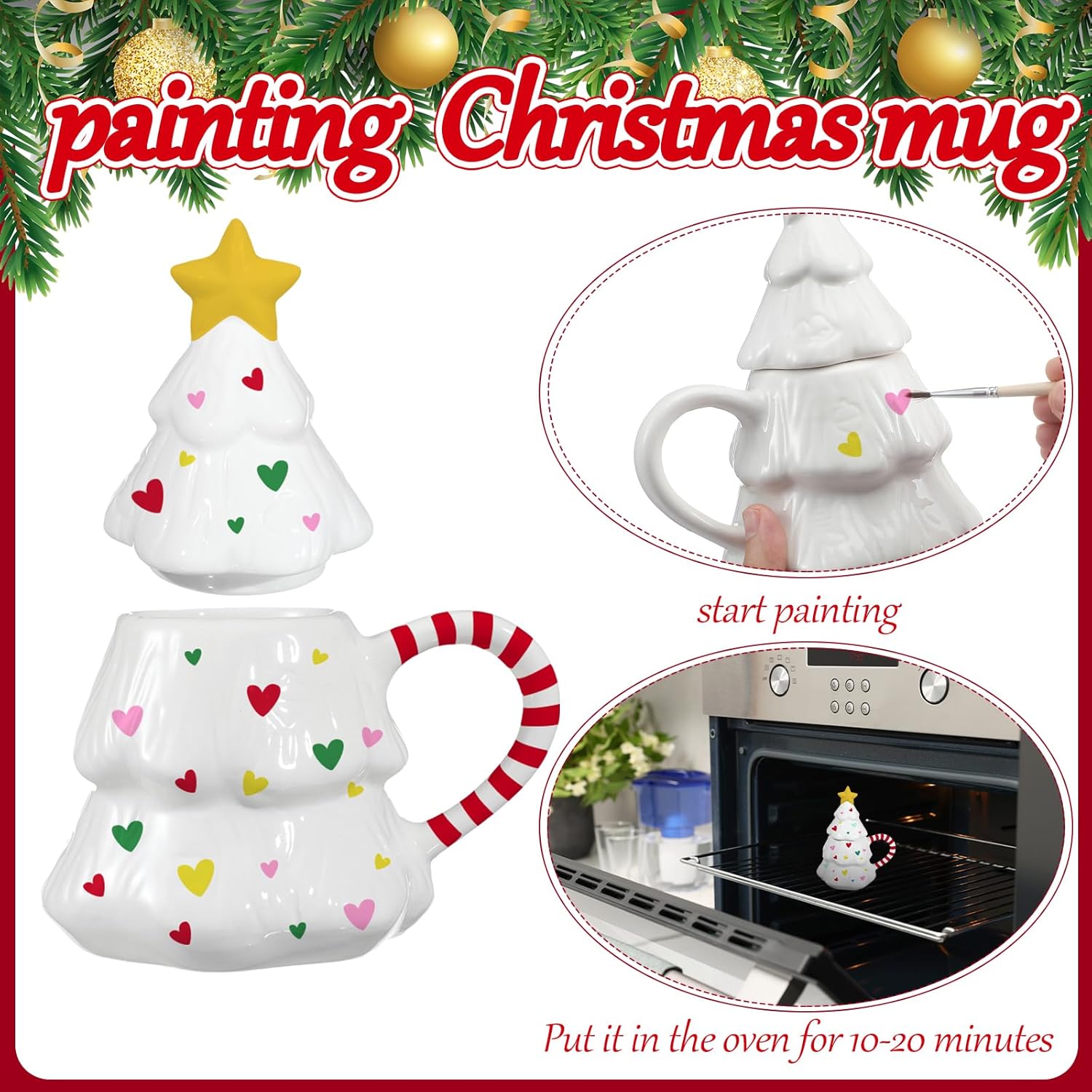 🎄Christmas Tree Mug with Lid.Paint Your Own Mug Craft Kit with 6 Color