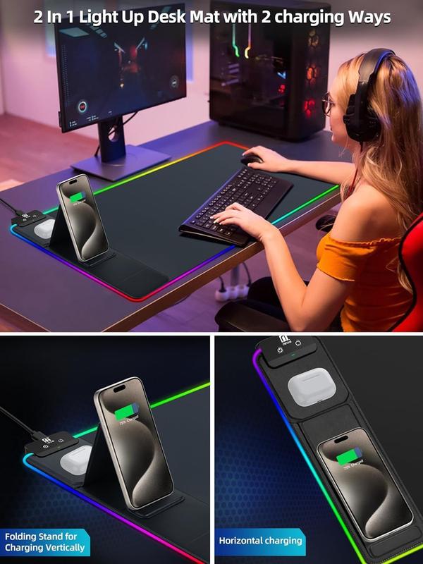 XXL Gaming Mouse Pad with Magnetic Wireless Charging, RGB Black Mousepad Desk Mat with 15W Fast Charger,
