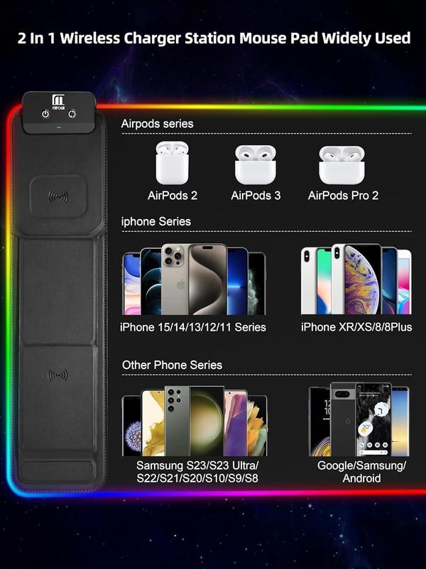 XXL Gaming Mouse Pad with Magnetic Wireless Charging, RGB Black Mousepad Desk Mat with 15W Fast Charger,