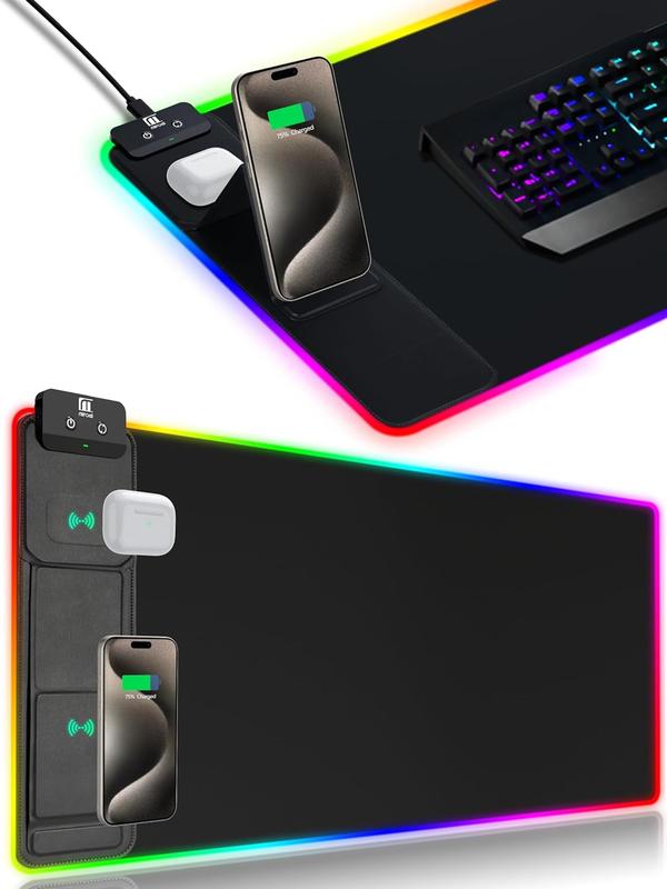 XXL Gaming Mouse Pad with Magnetic Wireless Charging, RGB Black Mousepad Desk Mat with 15W Fast Charger,